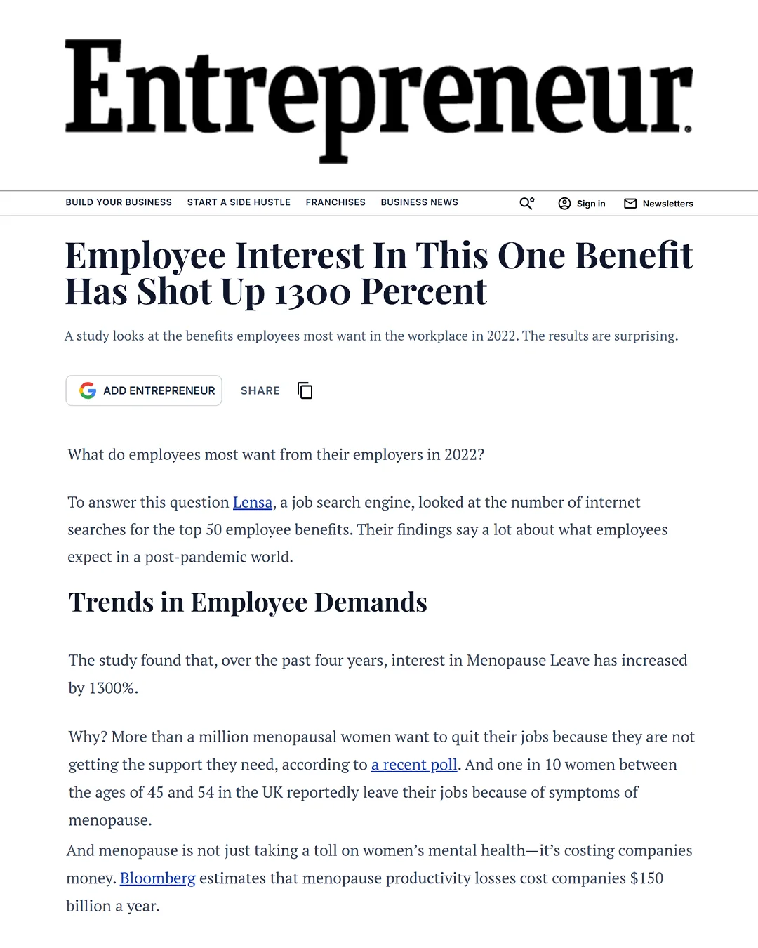 Published article in Entrepreneur: Employee Interest In This One Benefit Has Shot Up 1300 Percent