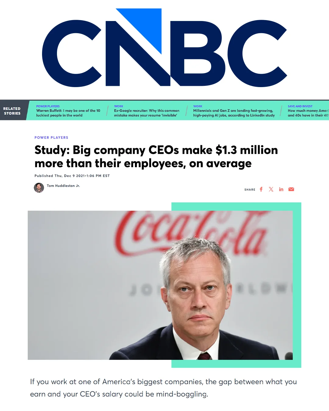 Published article in CNBC: Study: Big company CEOs make $1.3 million more than their employees, on average
